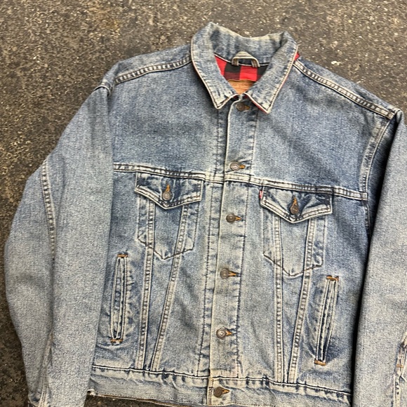 Levi’s Denim Buffalo Plaid Lined Trucker Jacket Mens Medium VTG 90s 80s Blue Red - Picture 11 of 12